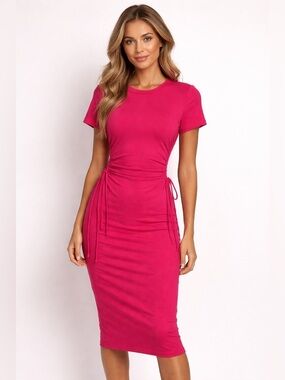Fore NWT Ruched cut out Side-Tie Midi Dress in Hot Pink Size M